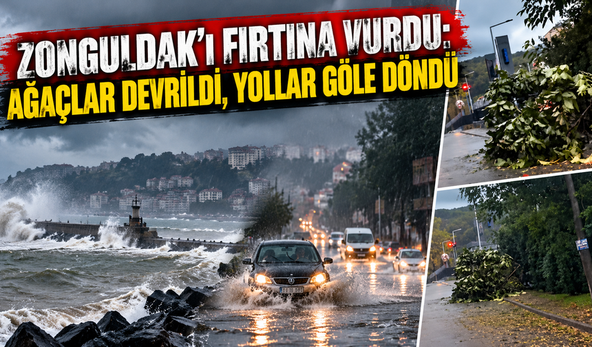 Zonguldak’ı Fırtına Vurdu: Ağaçlar Devrildi, Yollar Göle Döndü